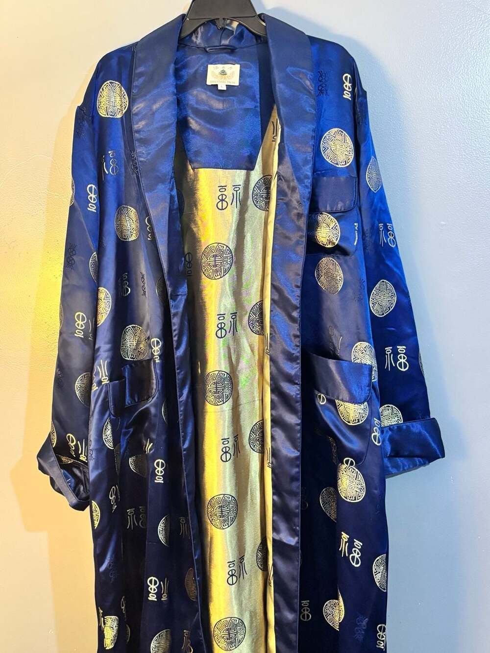 Vintage Shanghai China Silk Brocade Smoking Jacket Robe Blue/Gold Large